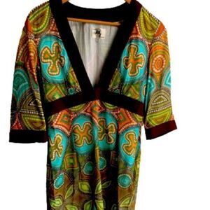 Milly Batik Style Dress Tunic Size 6 V-Neck Empire Waist Silk Trim